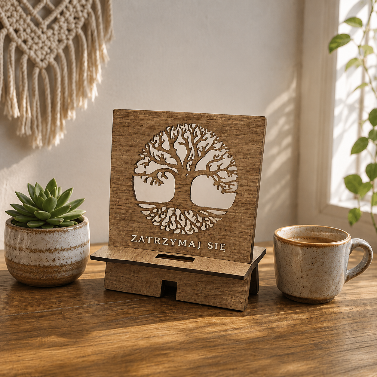 Drewniany Stojak na Telefon ZATRZYMAJ SIĘ — Drzewo Życia | 13×14 cm | Wycięcie Laserowe 3D - obrazek 2
