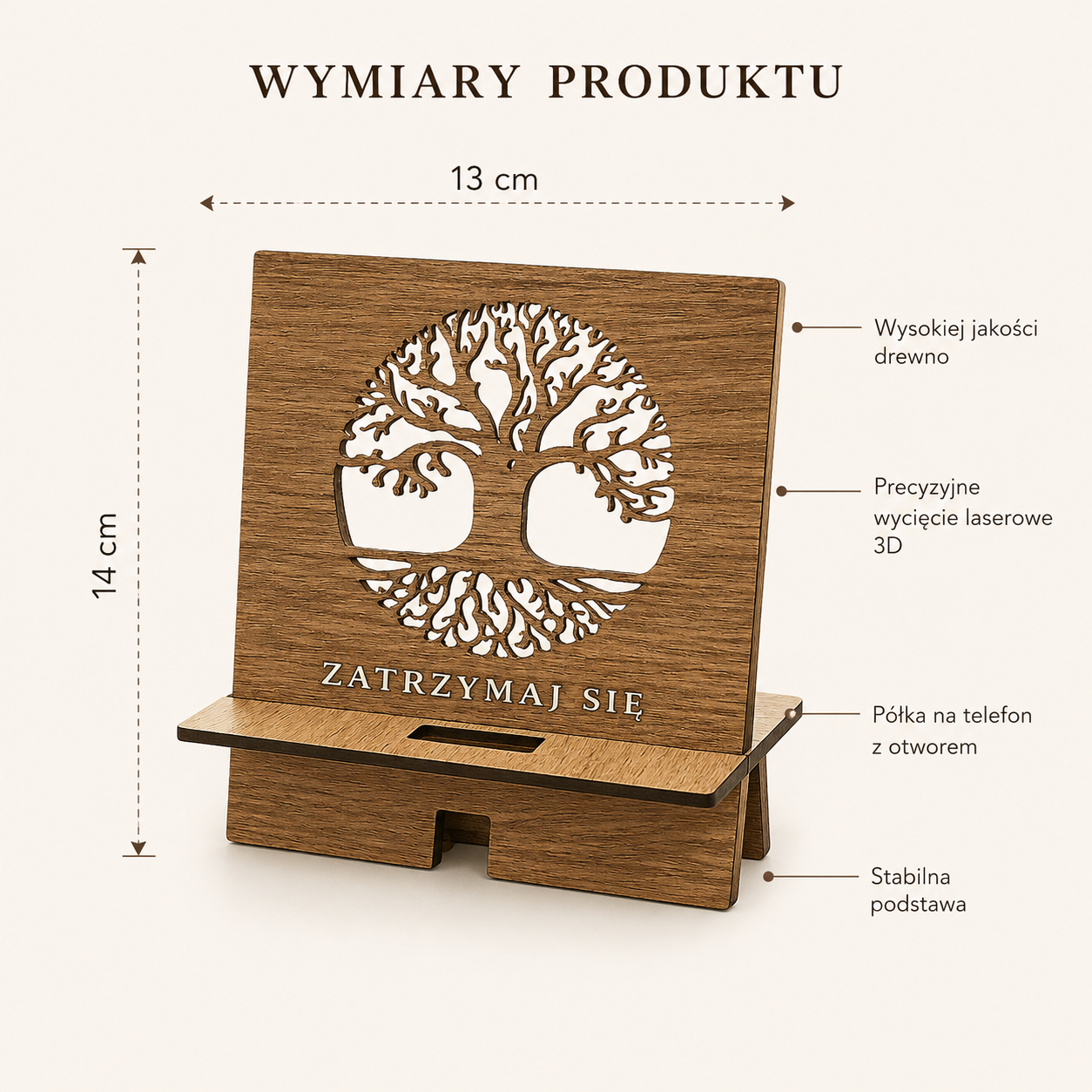 Drewniany Stojak na Telefon ZATRZYMAJ SIĘ — Drzewo Życia | 13×14 cm | Wycięcie Laserowe 3D - obrazek 5