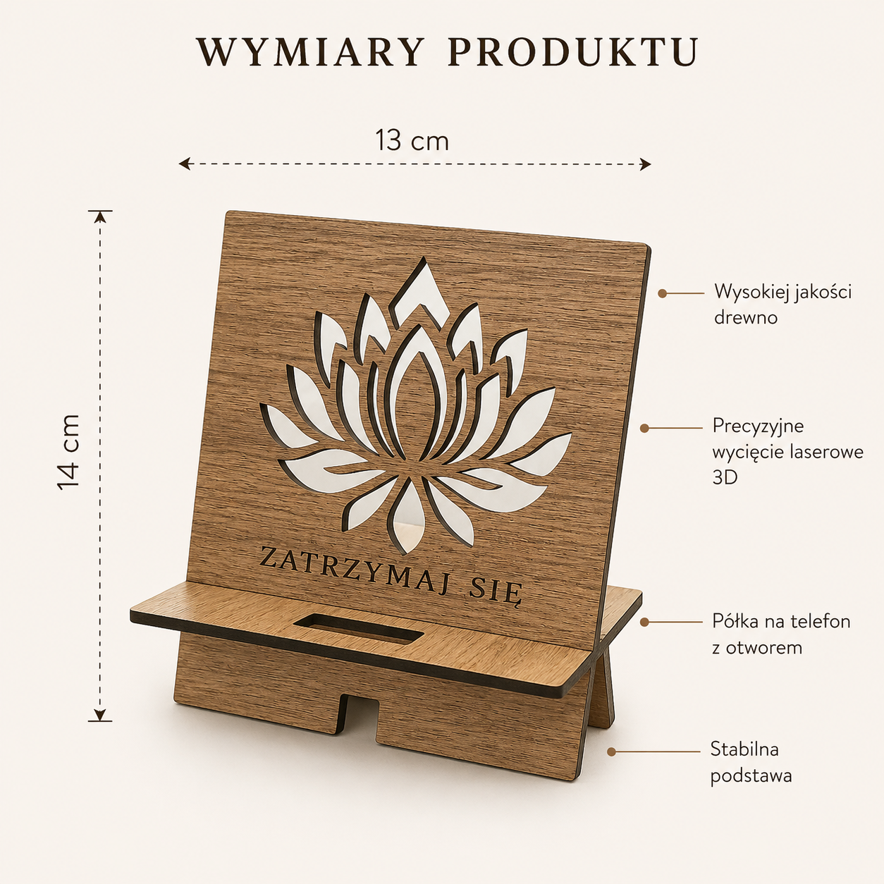 Drewniany Stojak na Telefon ZATRZYMAJ SIĘ — Czakry | 13×14 cm | Wycięcie Laserowe 3D - obrazek 2
