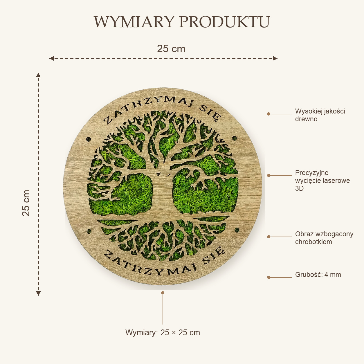 Obraz Ścienny Drewniany ZATRZYMAJ SIĘ Drzewo życia, grawerowany z chrobotkiem 25 cm - obrazek 2