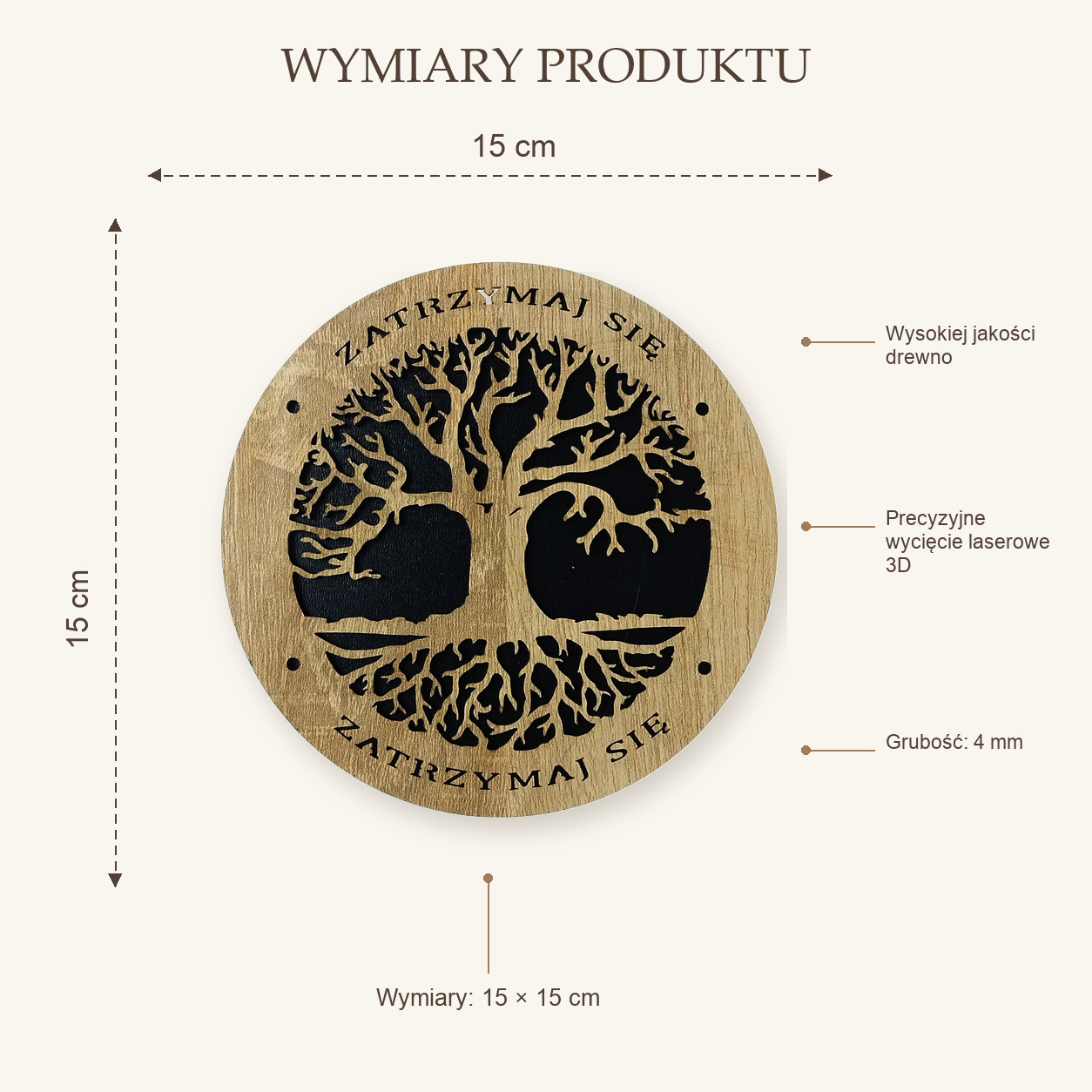 Obraz Ścienny ZATRZYMAJ SIĘ Drzewo życia, handmade grawerowany 15 cm - obrazek 3