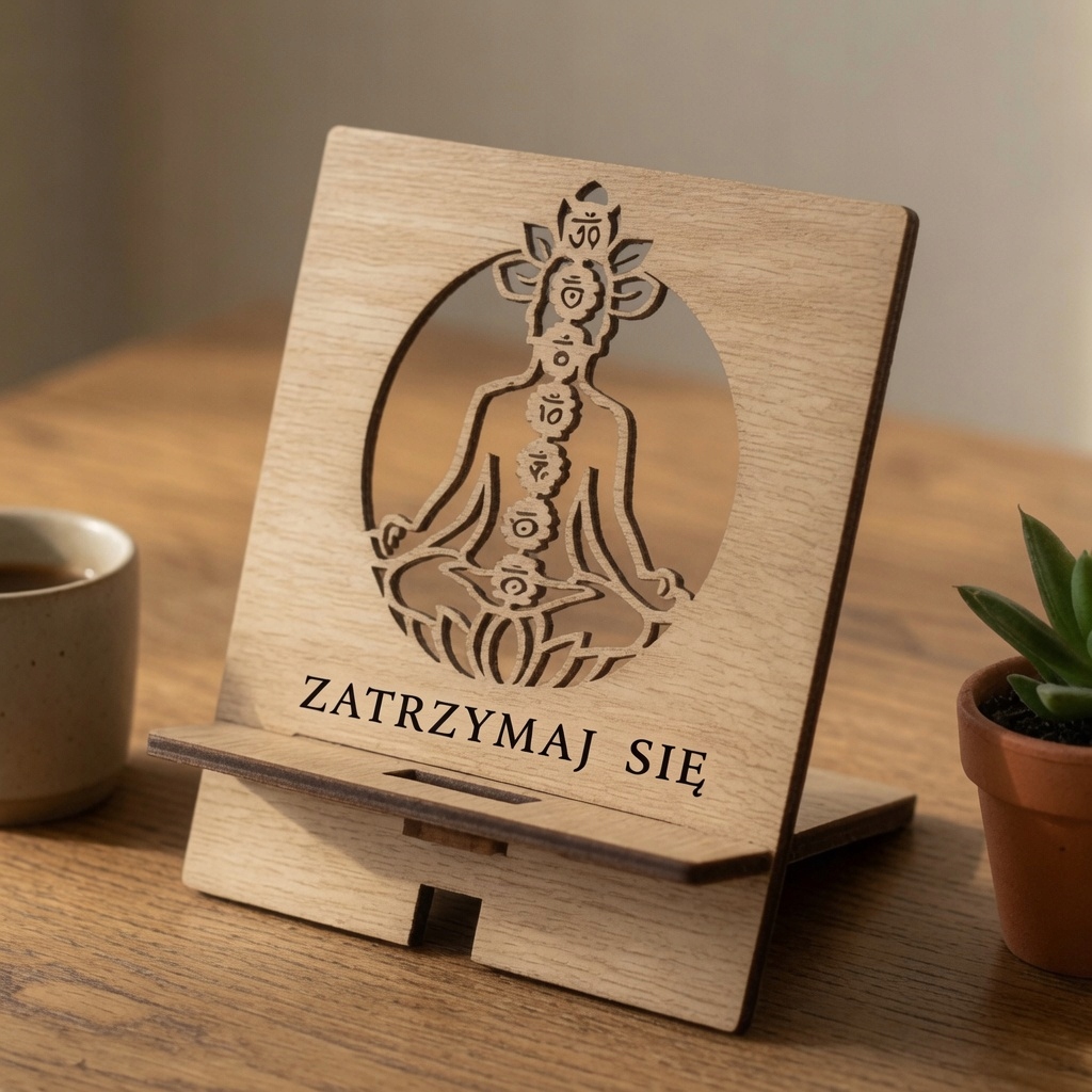 Drewniany Stojak na Telefon ZATRZYMAJ SIĘ — Czakry | 13×14 cm | Wycięcie Laserowe 3D