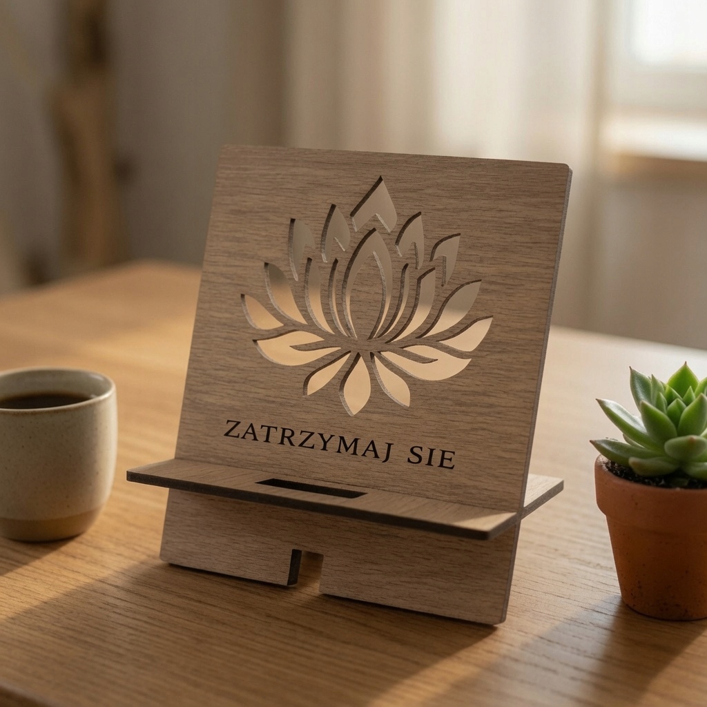 Drewniany Stojak na Telefon ZATRZYMAJ SIĘ — Lotos | 13×14 cm | Wycięcie Laserowe 3D