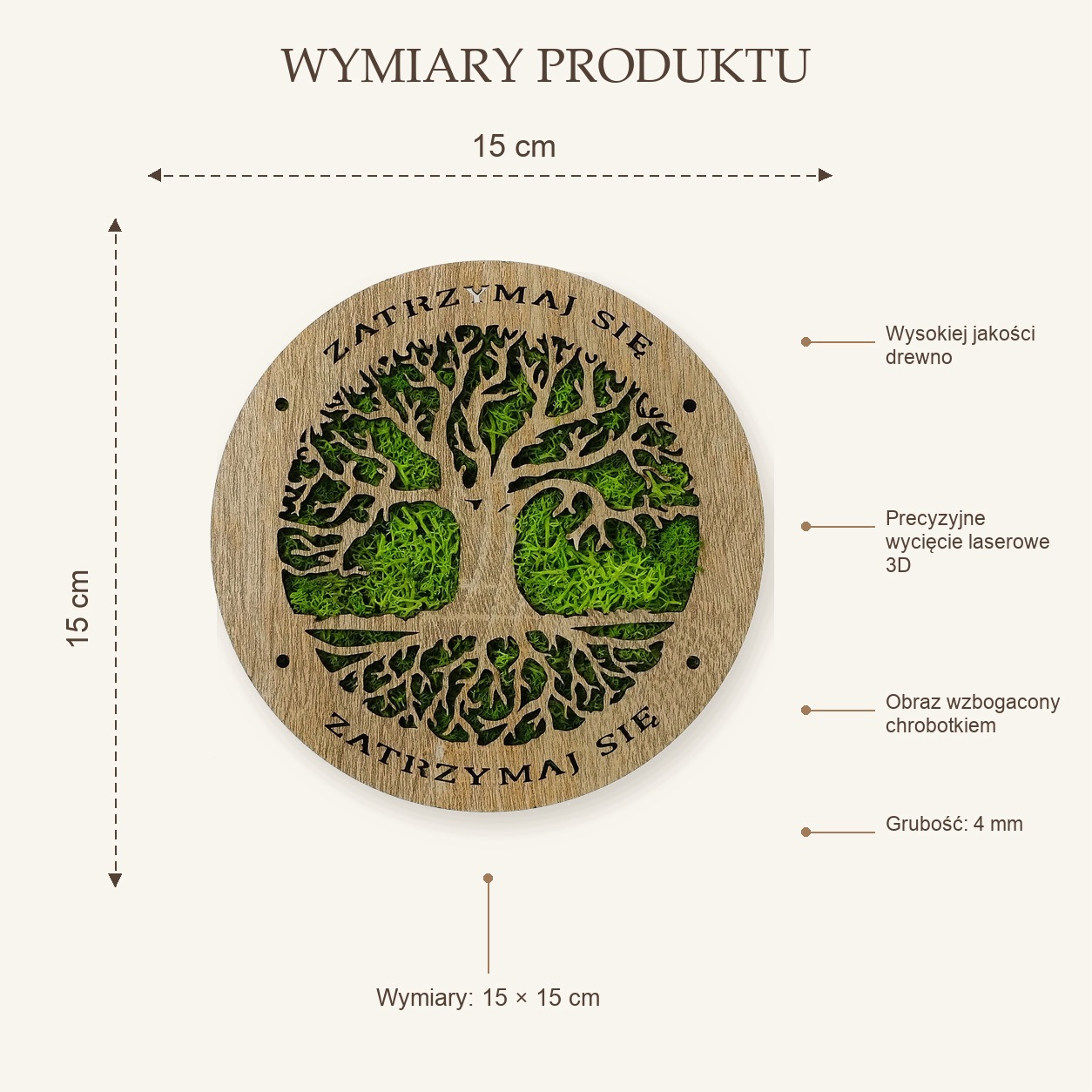 Obraz Ścienny Drewniany ZATRZYMAJ SIĘ Drzewo życia, grawerowany z chrobotkiem 15 cm - obrazek 2