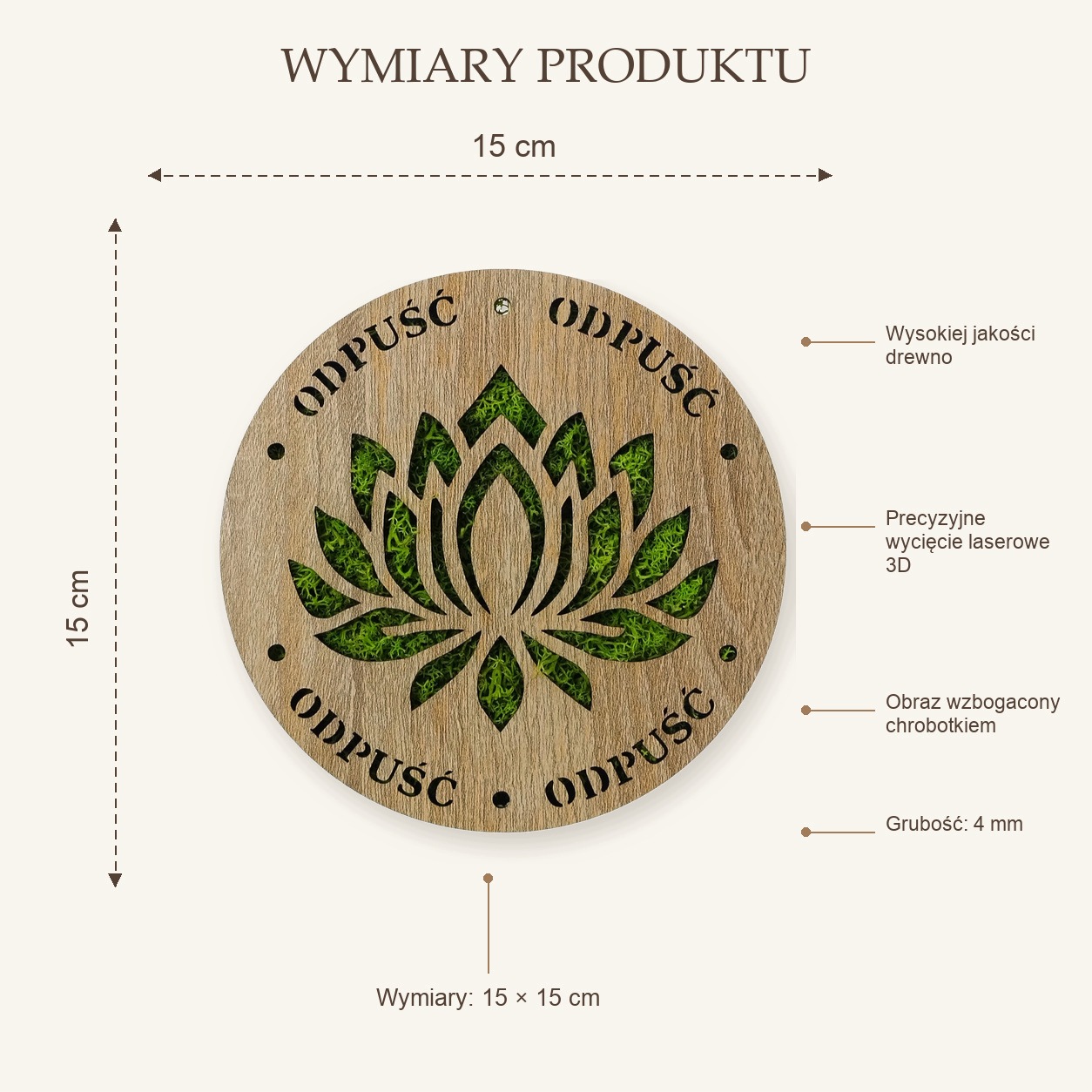 Obraz Ścienny Drewniany ODPUŚĆ Lotos, grawerowany z chrobotkiem 15 cm - obrazek 5