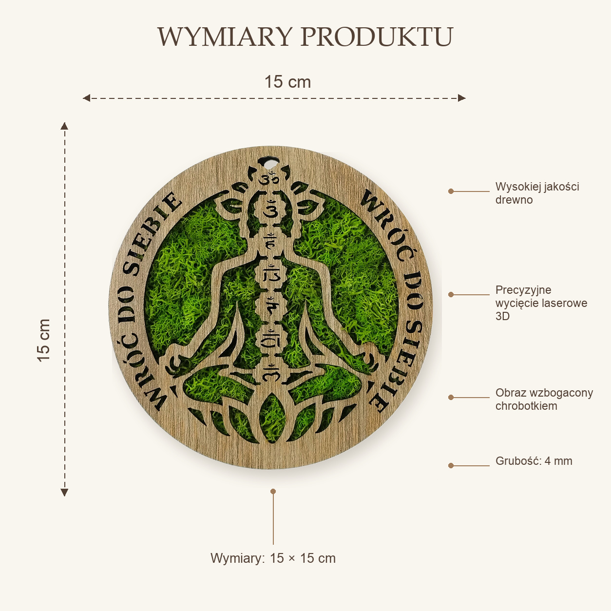 Obrazek drewniany TERAZ Czakry „Wróć do siebie" 15 cm z chrobotkiem | handmade | grawerowany - obrazek 4