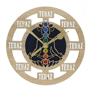 Zegar drewniany TERAZ z podstawką – Czakry, 15 cm, handmade