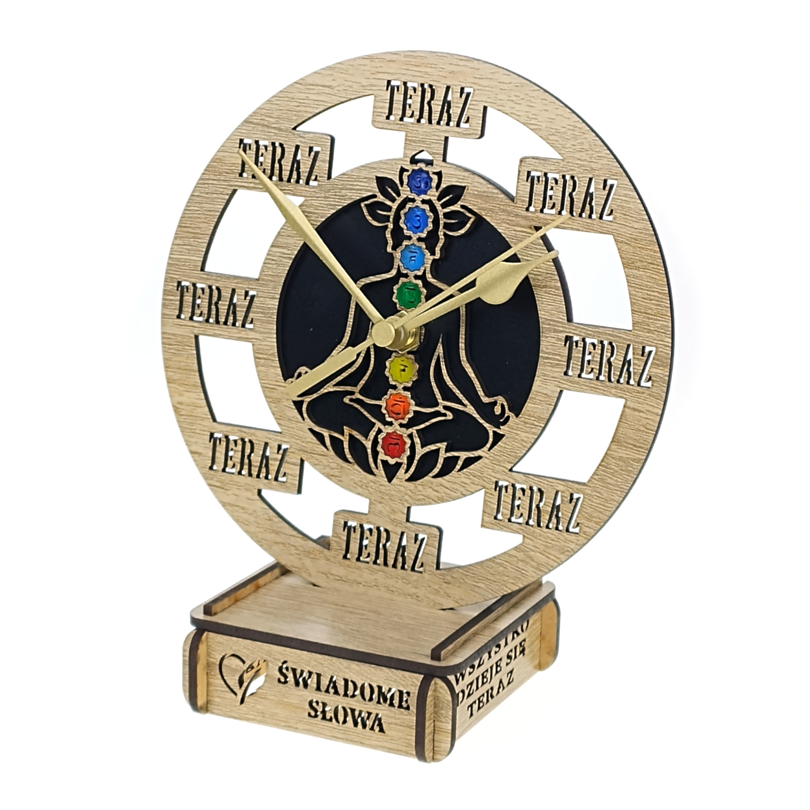 Zegar drewniany TERAZ z podstawką – Czakry, 15 cm, handmade
