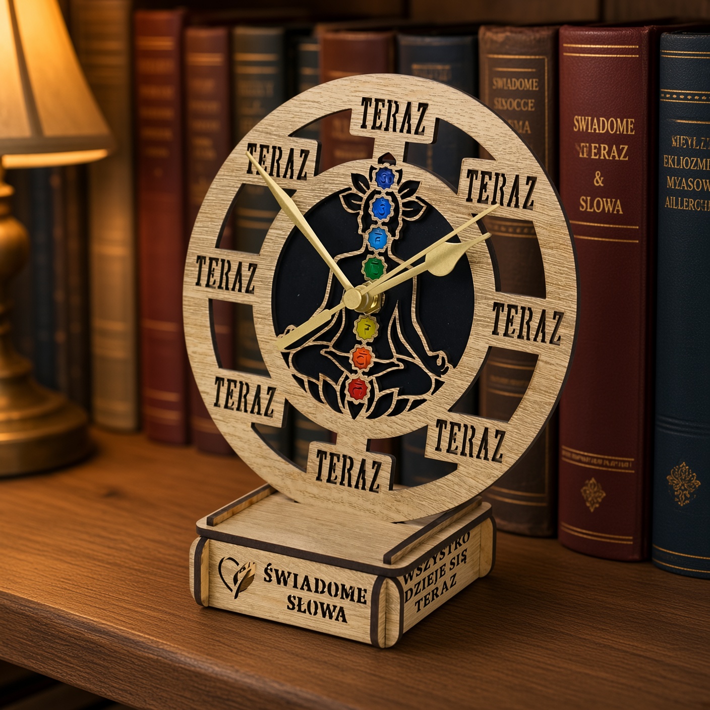Zegar drewniany TERAZ z podstawką – Czakry, 15 cm, handmade