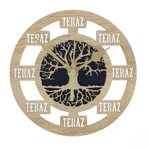 Zegar drewniany TERAZ z podstawką – Drzewo Życia, 15 cm, handmade