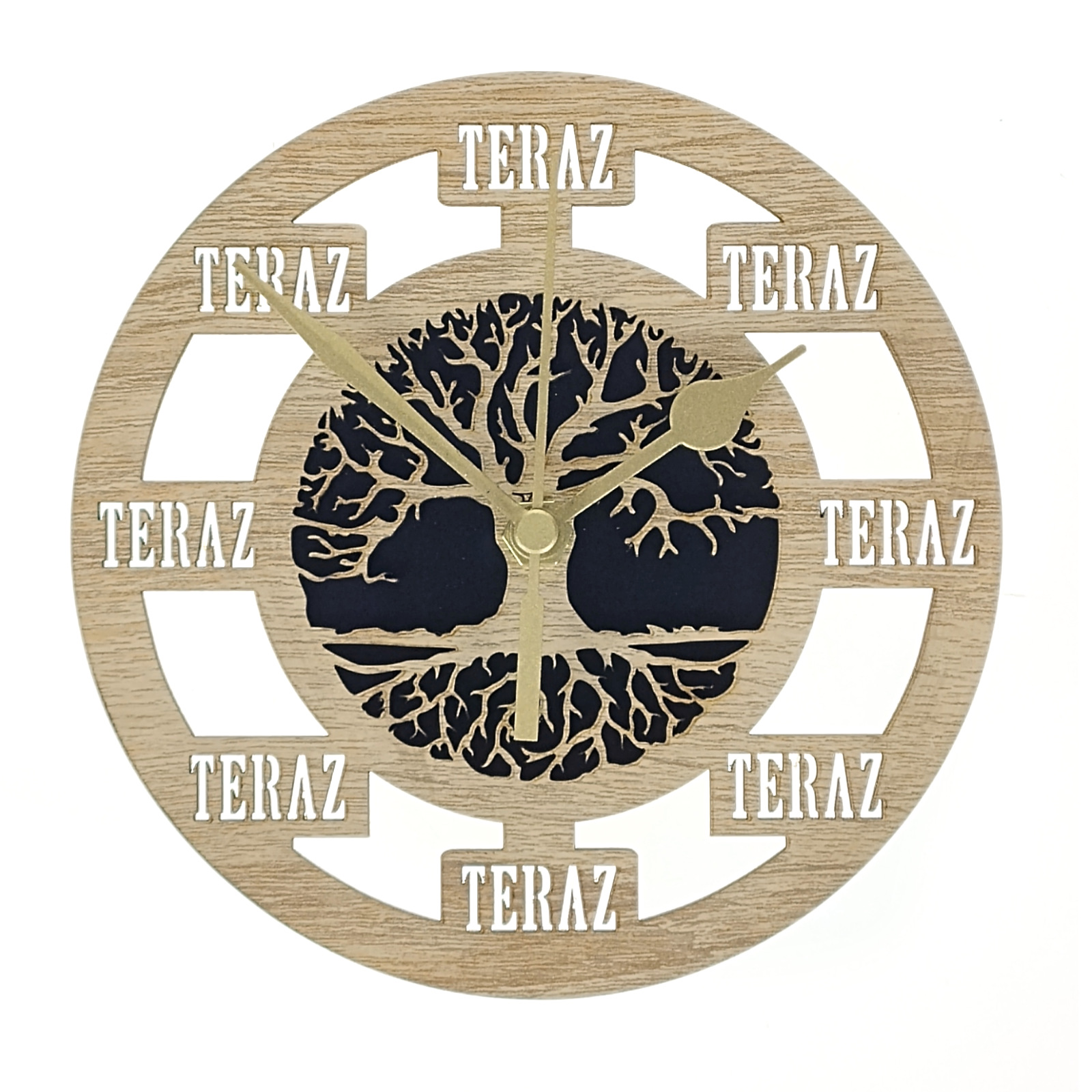 Zegar drewniany TERAZ z podstawką – Drzewo Życia, 15 cm, handmade