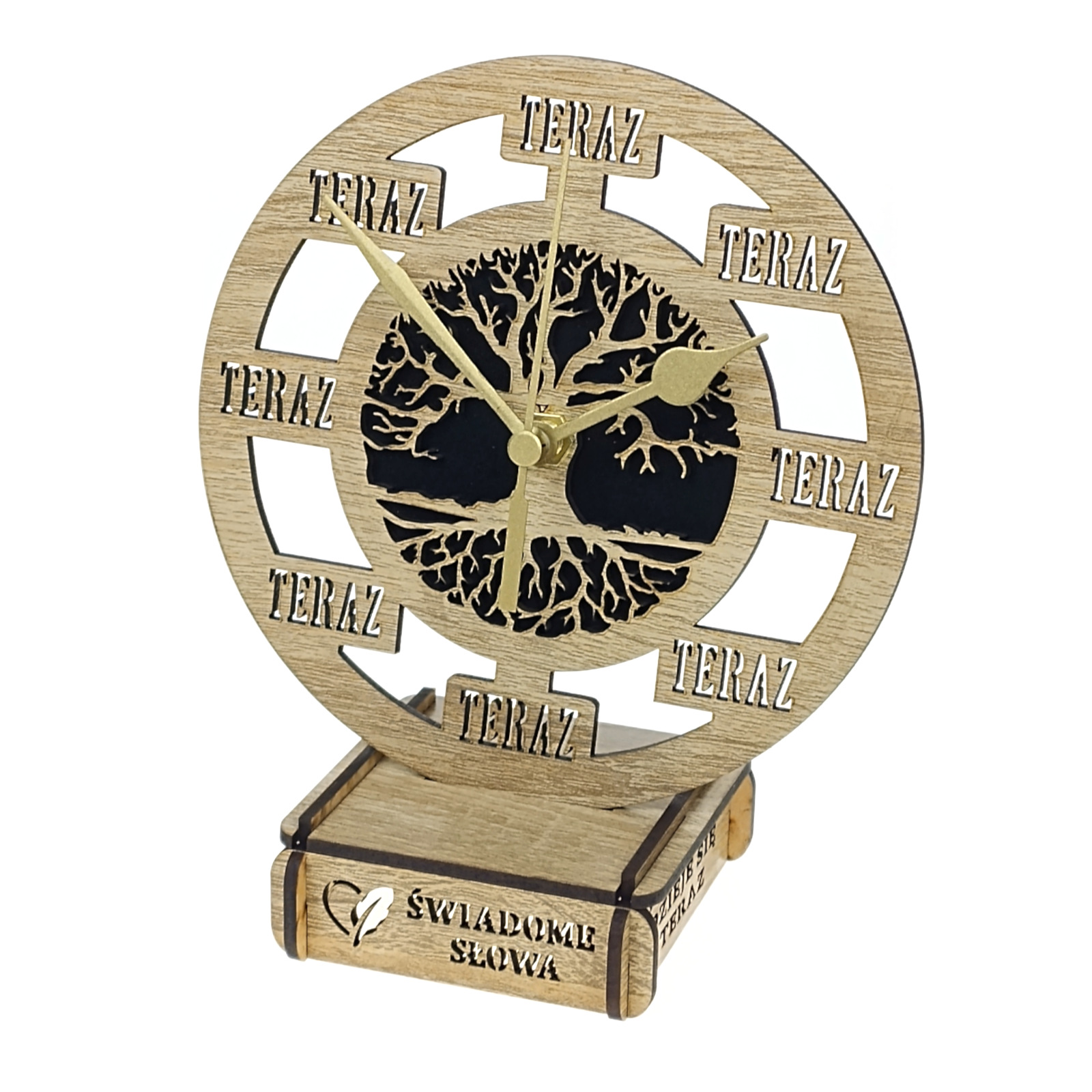 Zegar drewniany TERAZ z podstawką – Drzewo Życia, 15 cm, handmade