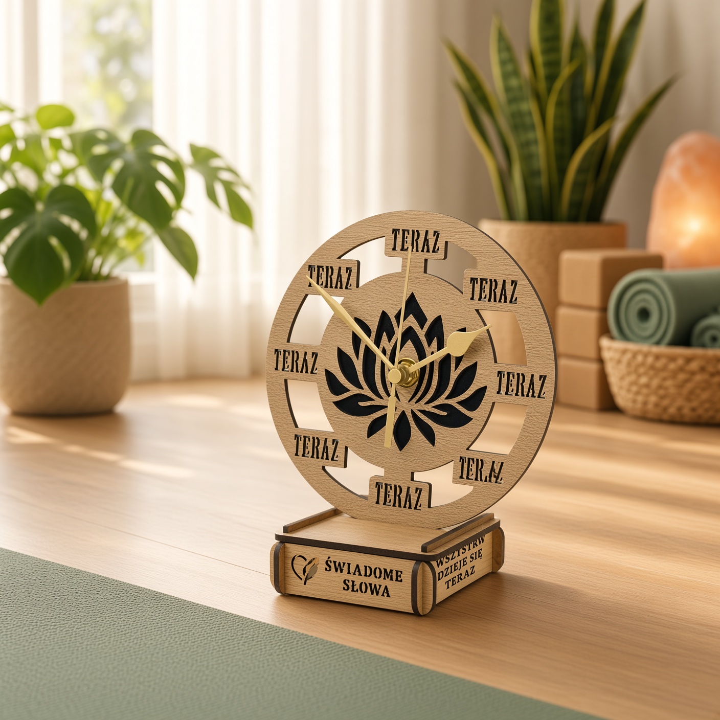 Zegar drewniany TERAZ z podstawką – Lotos, 15 cm, handmade